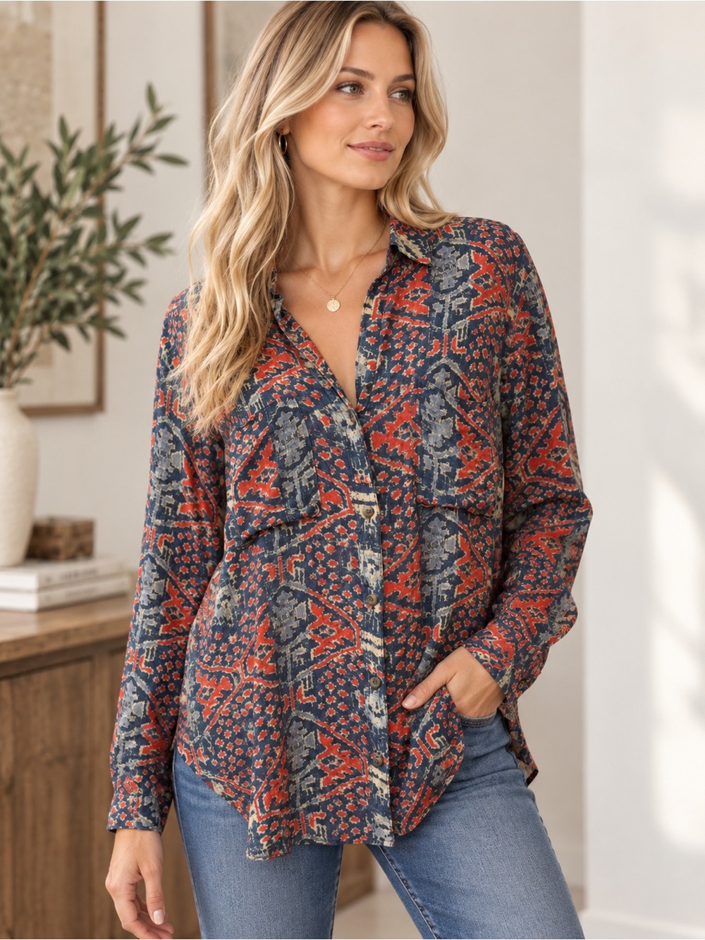 Pilcro Rust & Navy Patterned Button-Down Shirt